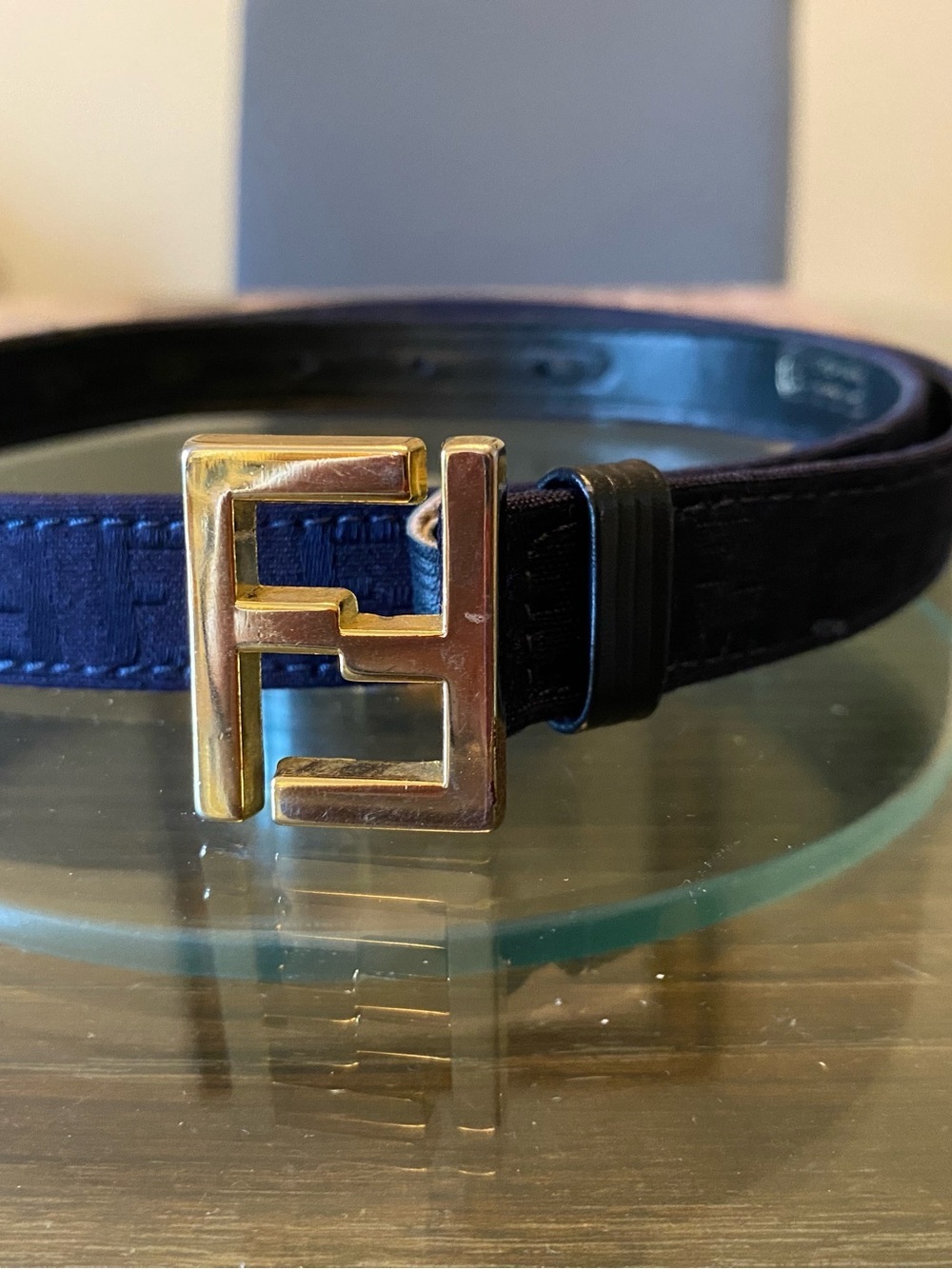 Fendi Navy Fabric Belt with Gold FF Buckle